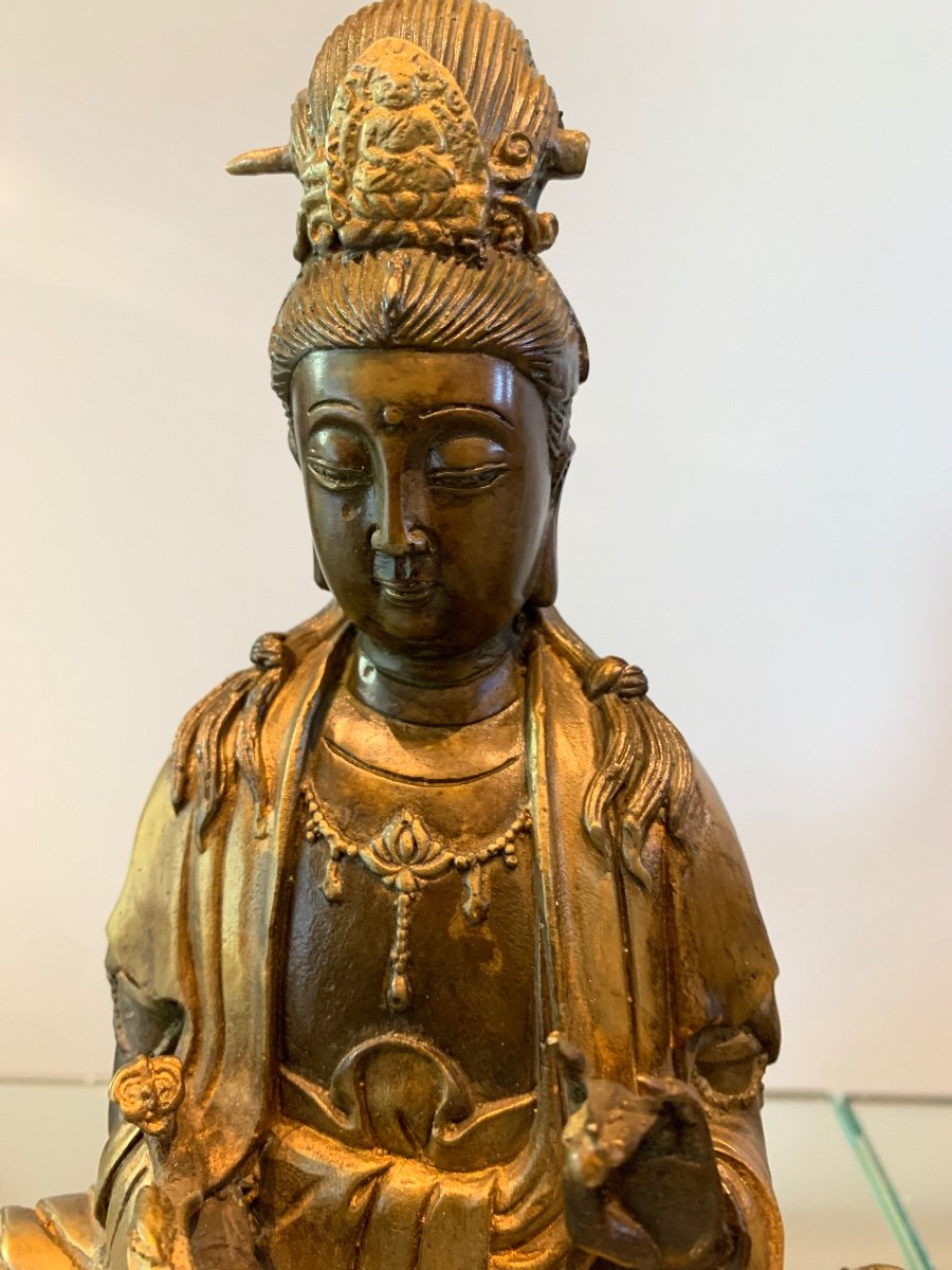 Paire De Guanyin 19 Ieme En Bronze Décors De Chien De Fo Et Tête D éléphant -photo-4