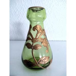  Miniature “art Nouveau” Vase Montjoye, Legras St Denis, Green, With Late 19th/20th Century Gold Enamel Decoration