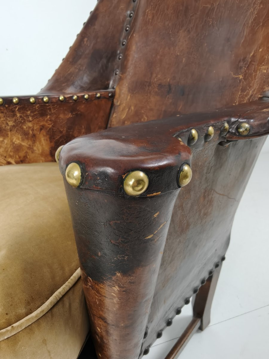 Fauteuil en cuir ancien, Angleterre, vers 1800-photo-3