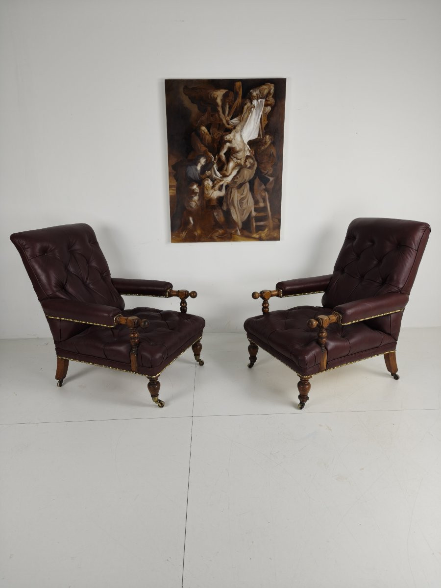 Paire de fauteuils de bibliothèque anciens - Fauteuils d'origine estampillés « William Morris &-photo-2