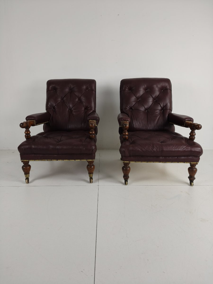 Paire de fauteuils de bibliothèque anciens - Fauteuils d'origine estampillés « William Morris &-photo-4