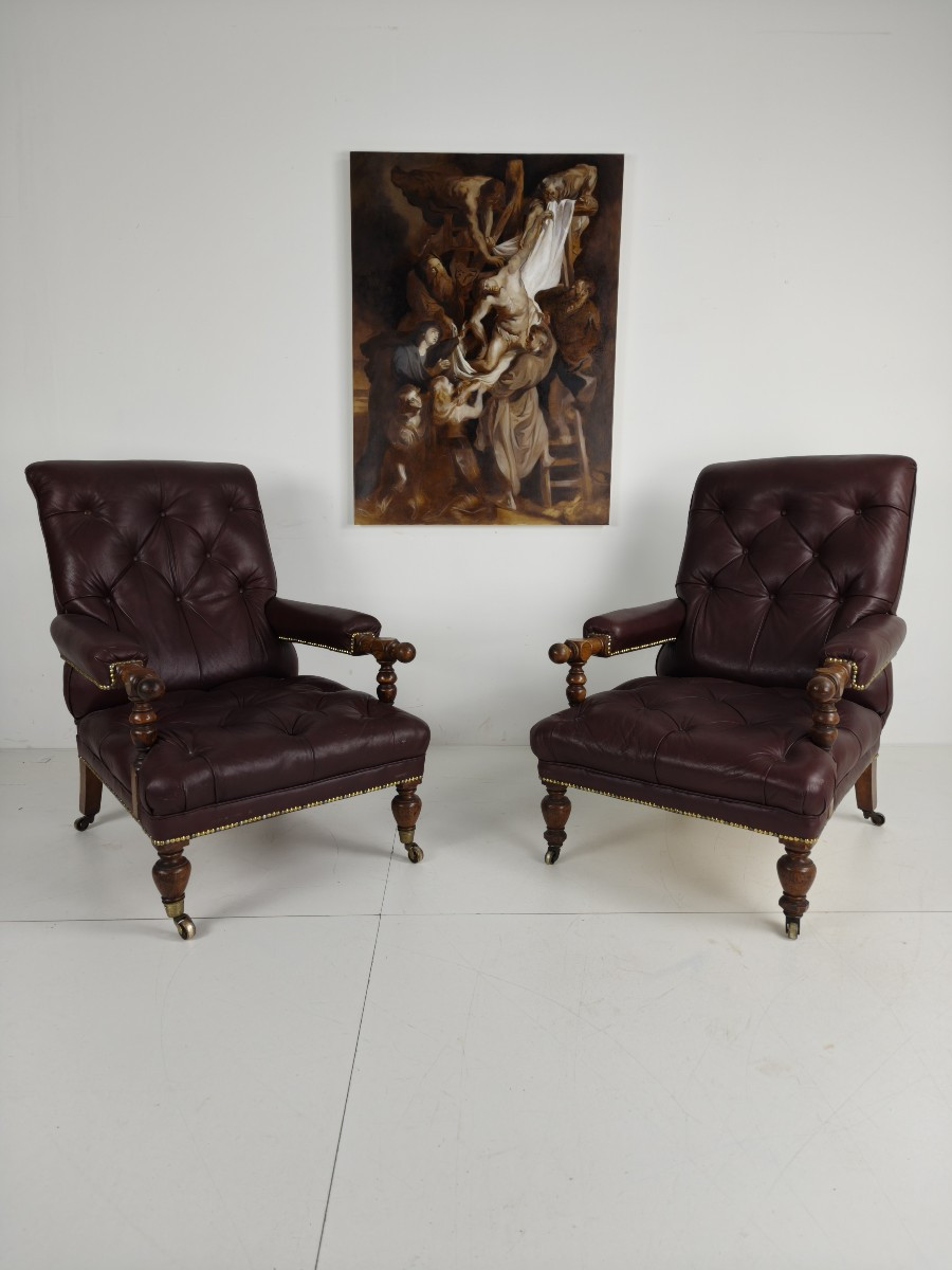 Paire de fauteuils de bibliothèque anciens - Fauteuils d'origine estampillés « William Morris &