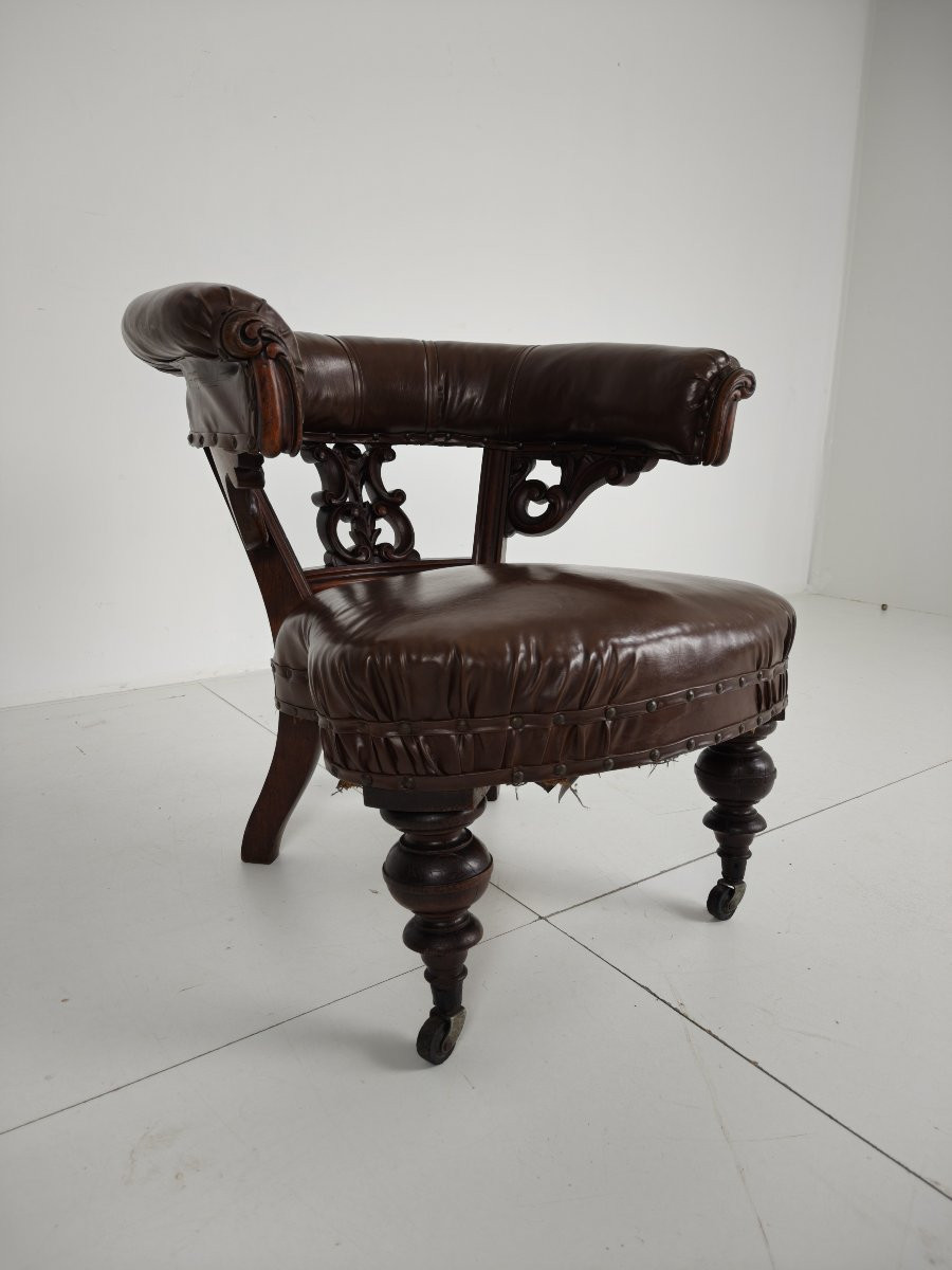 Fauteuil ancien en cuir de Robson & Son – Bois sculpté et roulettes, Newcastle-photo-2