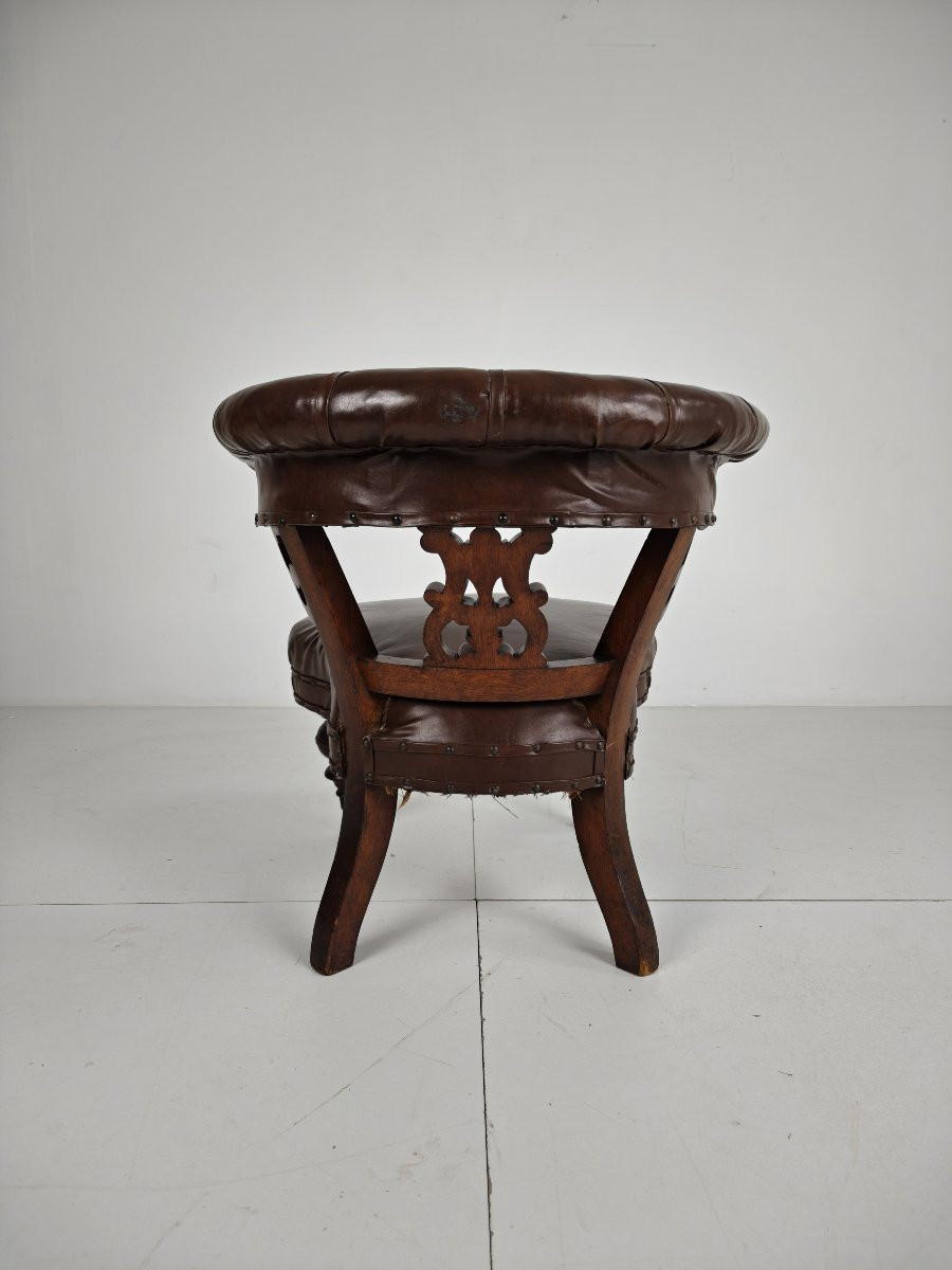 Fauteuil ancien en cuir de Robson & Son – Bois sculpté et roulettes, Newcastle-photo-7