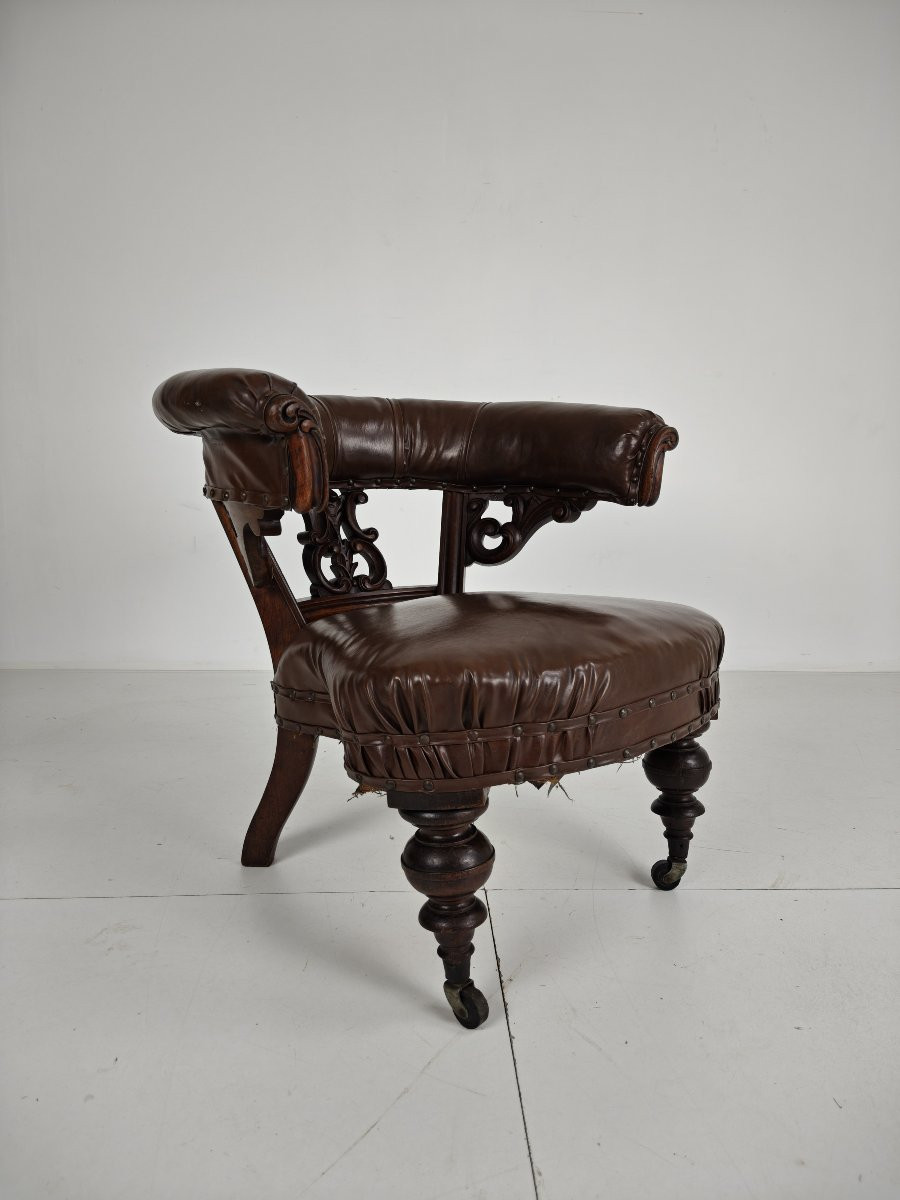 Fauteuil ancien en cuir de Robson & Son – Bois sculpté et roulettes, Newcastle-photo-8