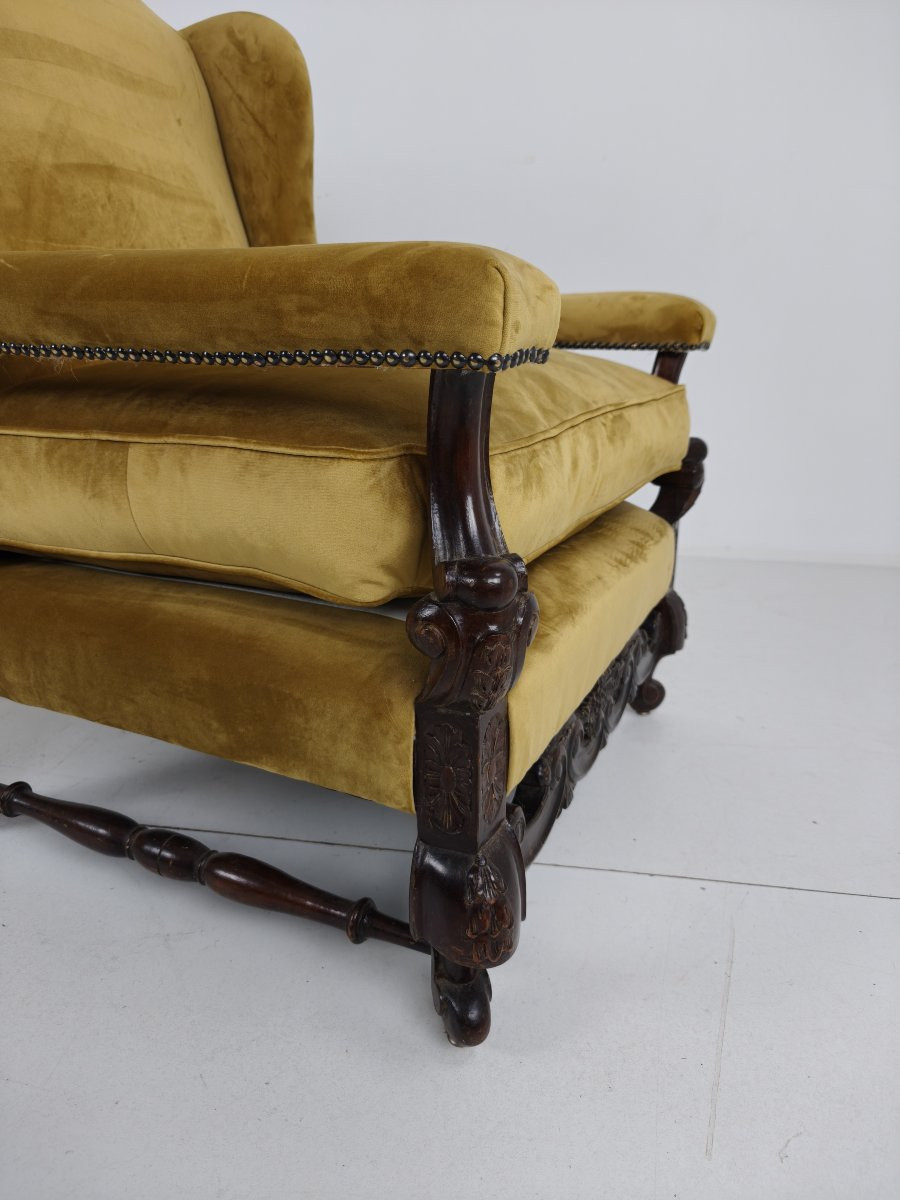 Pair Of 19th Century Carved Walnut Armchairs - Floral Motifs - Velvet Upholstery-photo-3