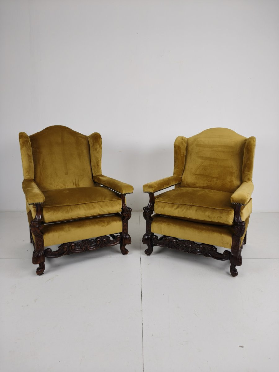 Pair Of 19th Century Carved Walnut Armchairs - Floral Motifs - Velvet Upholstery-photo-2