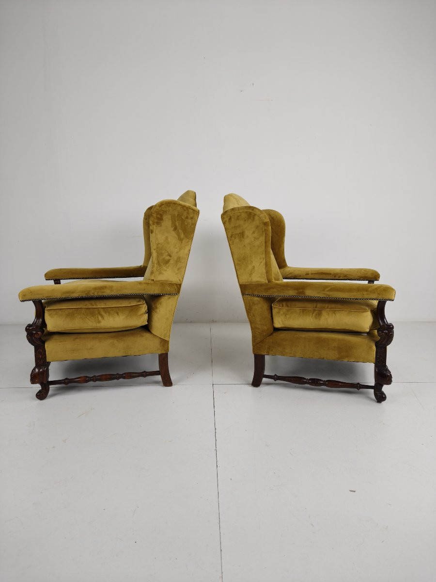 Pair Of 19th Century Carved Walnut Armchairs - Floral Motifs - Velvet Upholstery-photo-3