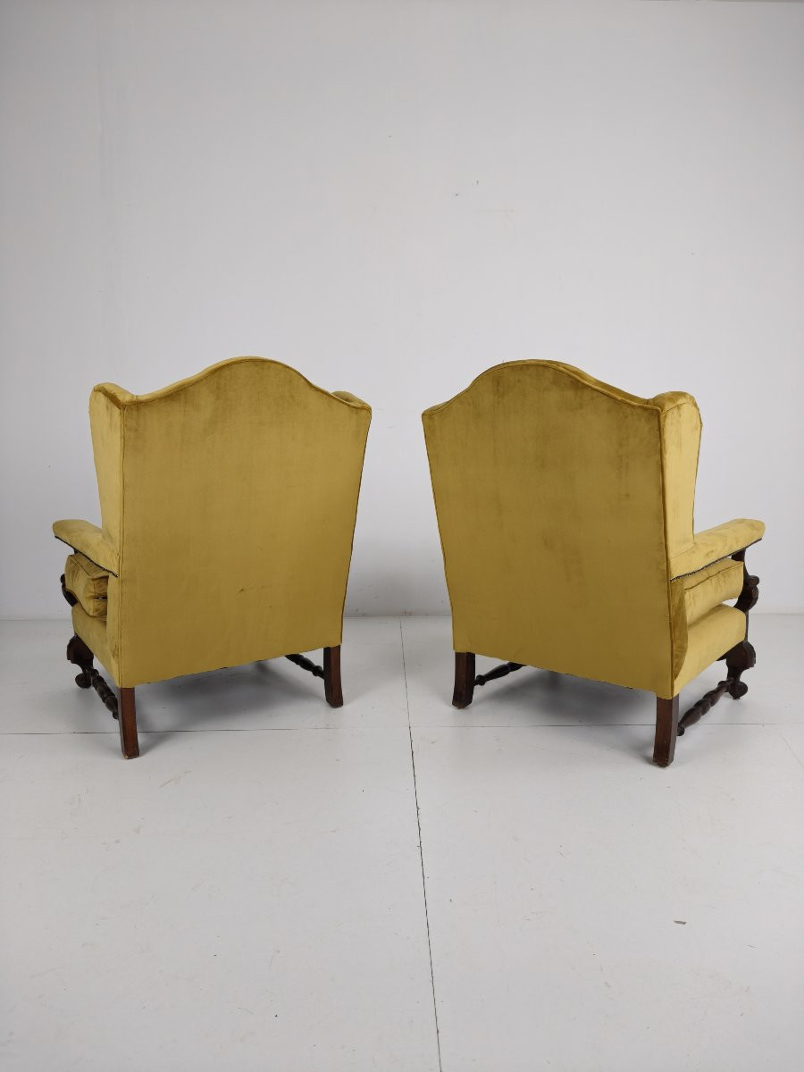 Pair Of 19th Century Carved Walnut Armchairs - Floral Motifs - Velvet Upholstery-photo-5