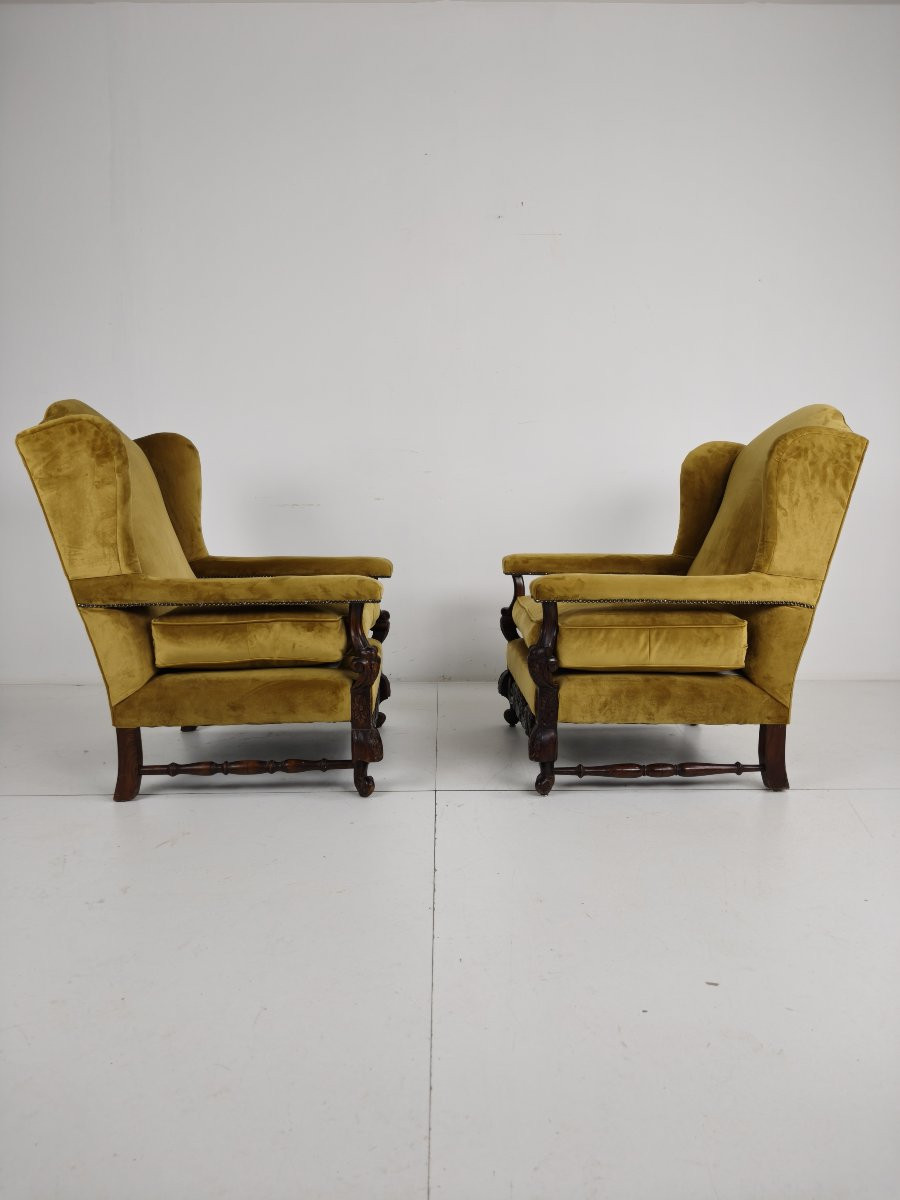 Pair Of 19th Century Carved Walnut Armchairs - Floral Motifs - Velvet Upholstery-photo-6