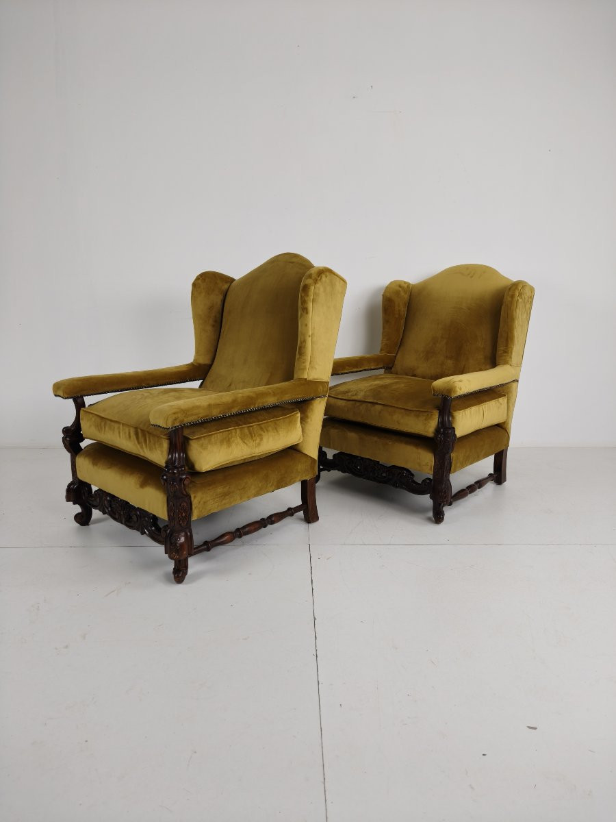 Pair Of 19th Century Carved Walnut Armchairs - Floral Motifs - Velvet Upholstery-photo-7