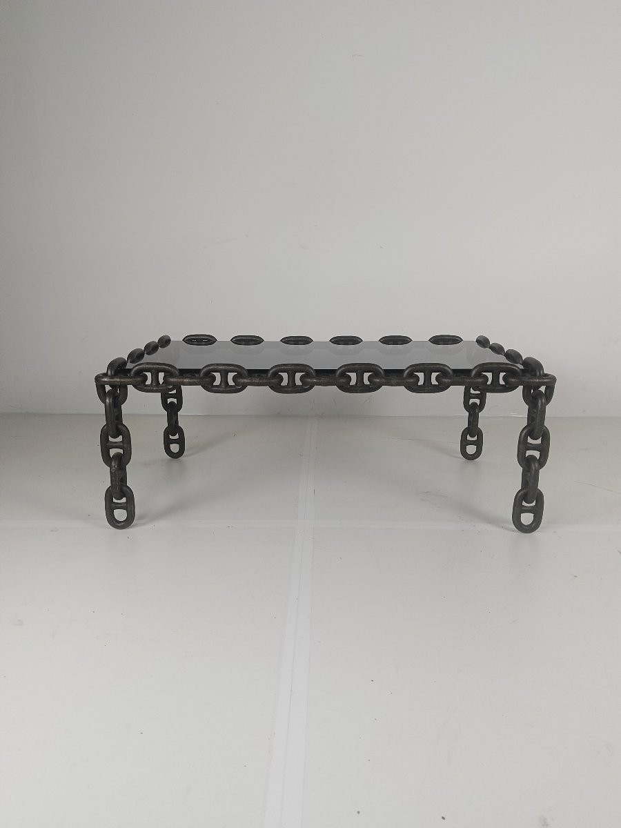 Table basse vintage brutaliste en fer noir à maillons de chaîne avec verre fumé d'origine, anné-photo-3