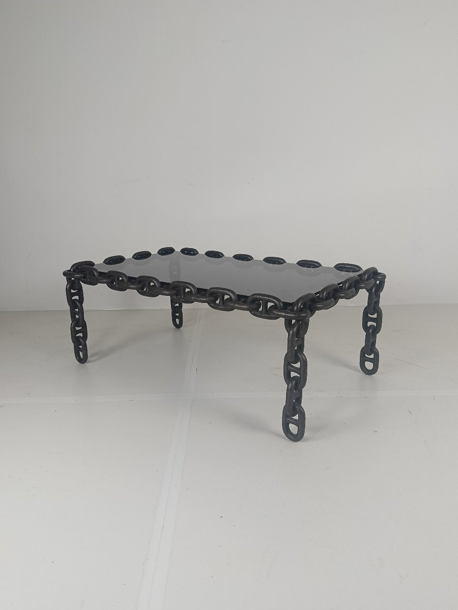 Table basse vintage brutaliste en fer noir à maillons de chaîne avec verre fumé d'origine, anné-photo-6