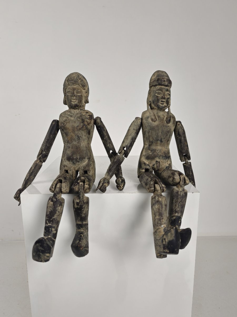 Pair Of Antique Chinese Wooden Dolls, Fertility Symbols - Boy And Girl Figurines-photo-3