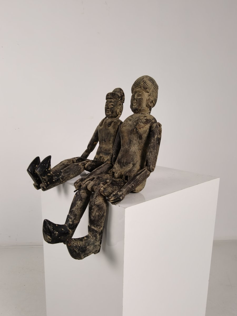 Pair Of Antique Chinese Wooden Dolls, Fertility Symbols - Boy And Girl Figurines-photo-4
