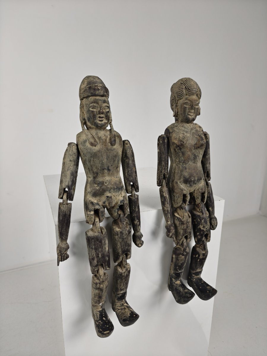 Pair Of Antique Chinese Wooden Dolls, Fertility Symbols - Boy And Girl Figurines-photo-7