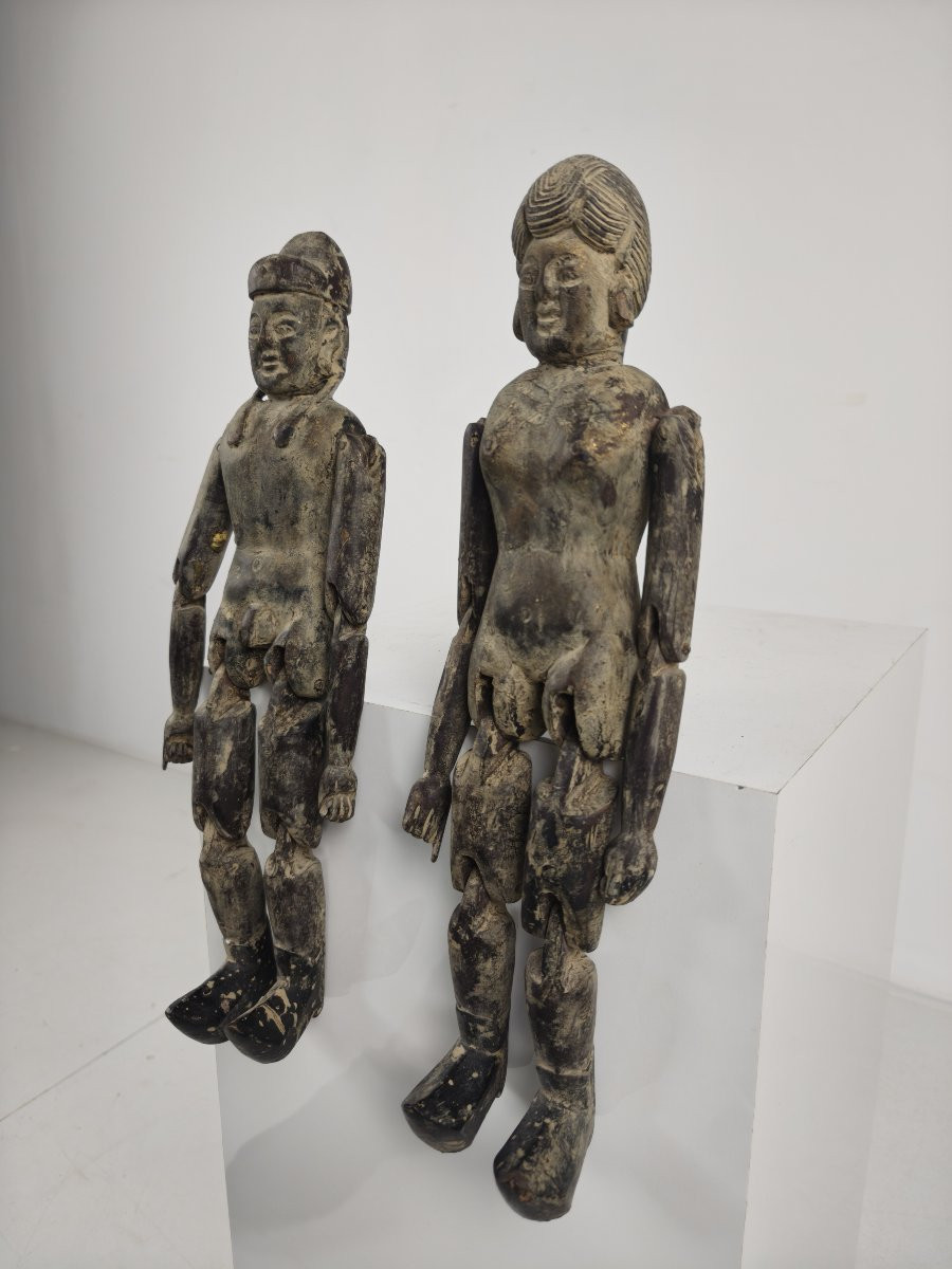 Pair Of Antique Chinese Wooden Dolls, Fertility Symbols - Boy And Girl Figurines-photo-8