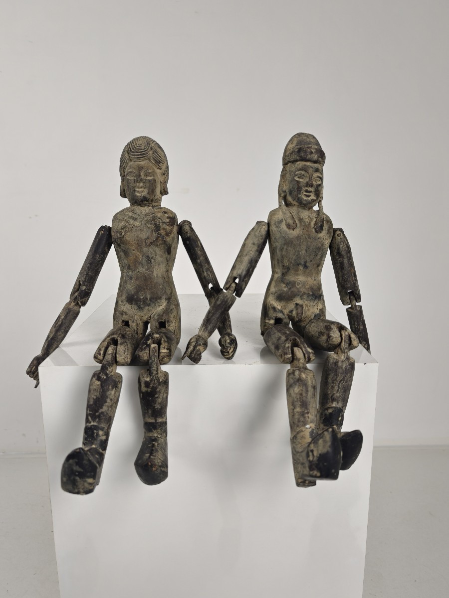 Pair Of Antique Chinese Wooden Dolls, Fertility Symbols - Boy And Girl Figurines