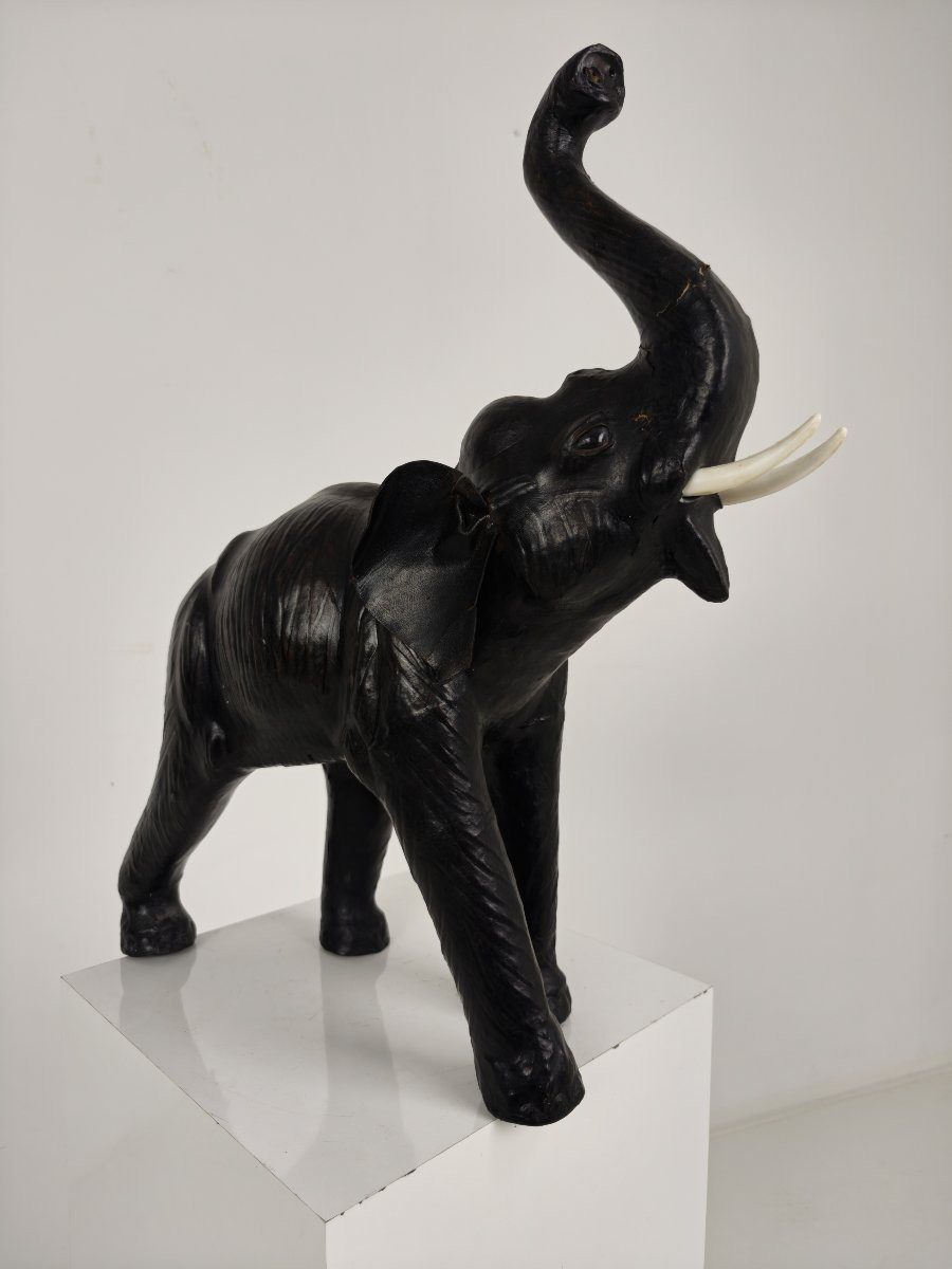 Vintage Leather Elephant Sculpture - Mid 20th Century-photo-3