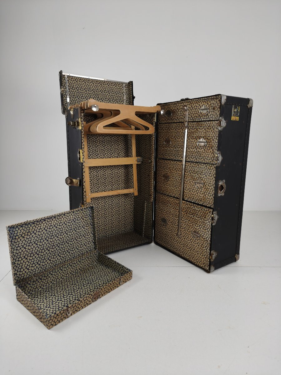 Mallette de voyage Belber ancienne de 1924 en cuir noir - Grande armoire de voyage-photo-5