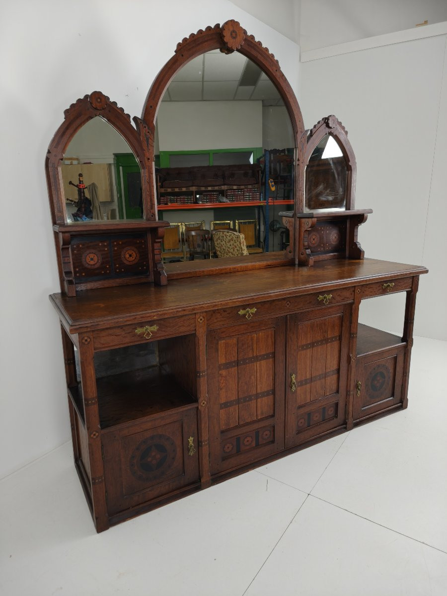 Rare 19th-century English Arts & Crafts Oak Sideboard, Signed Pratt & Prince, Decorated With Inlaid Wood.-photo-4