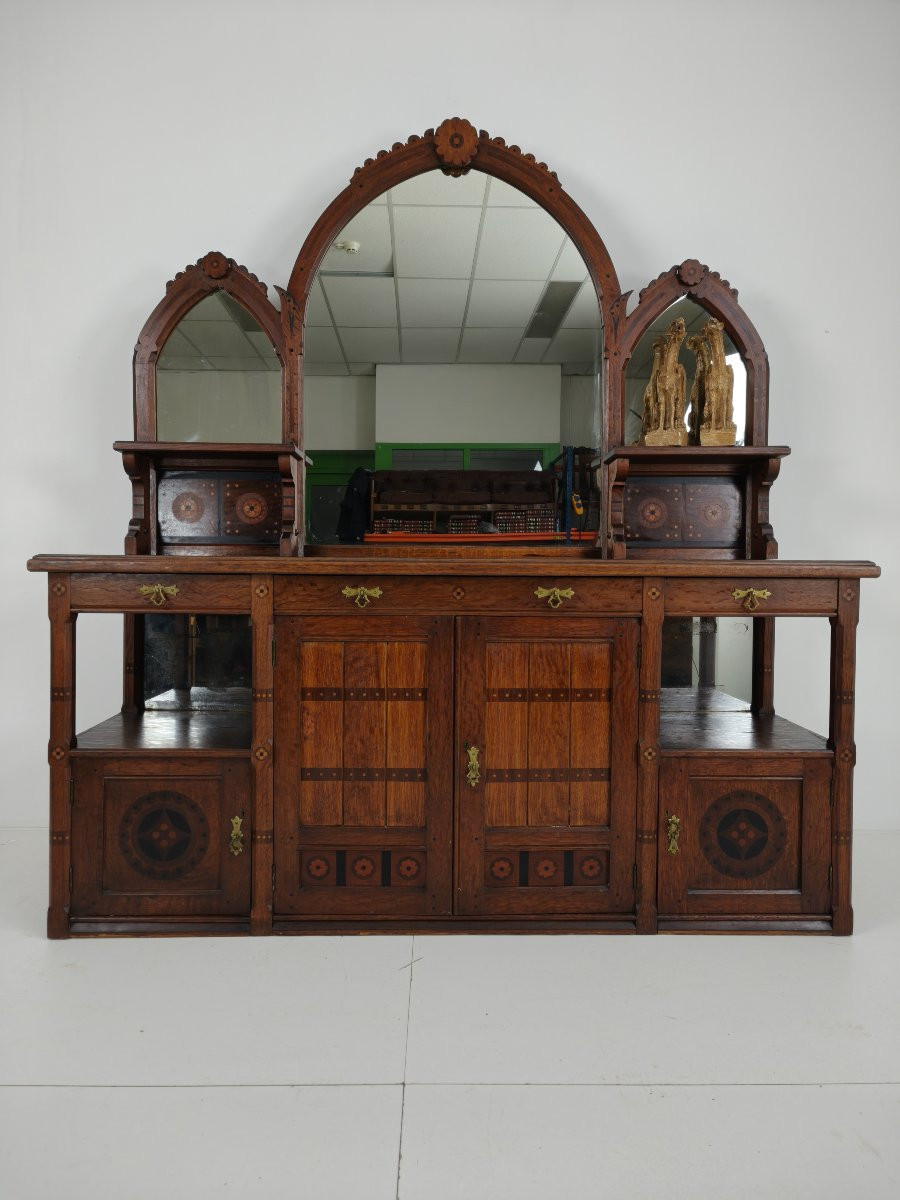 Rare 19th-century English Arts & Crafts Oak Sideboard, Signed Pratt & Prince, Decorated With Inlaid Wood.-photo-1