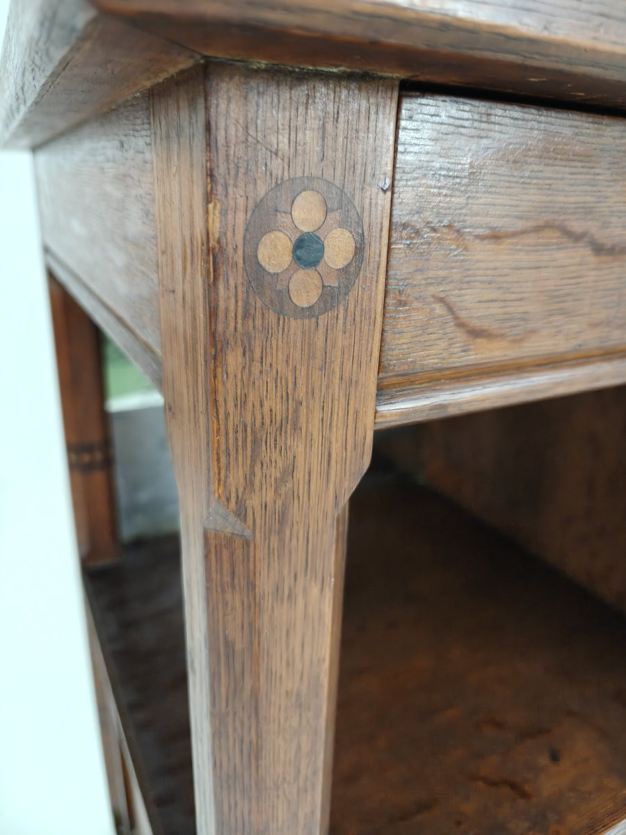 Rare 19th-century English Arts & Crafts Oak Sideboard, Signed Pratt & Prince, Decorated With Inlaid Wood.-photo-2