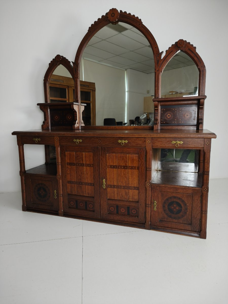Rare 19th-century English Arts & Crafts Oak Sideboard, Signed Pratt & Prince, Decorated With Inlaid Wood.-photo-4