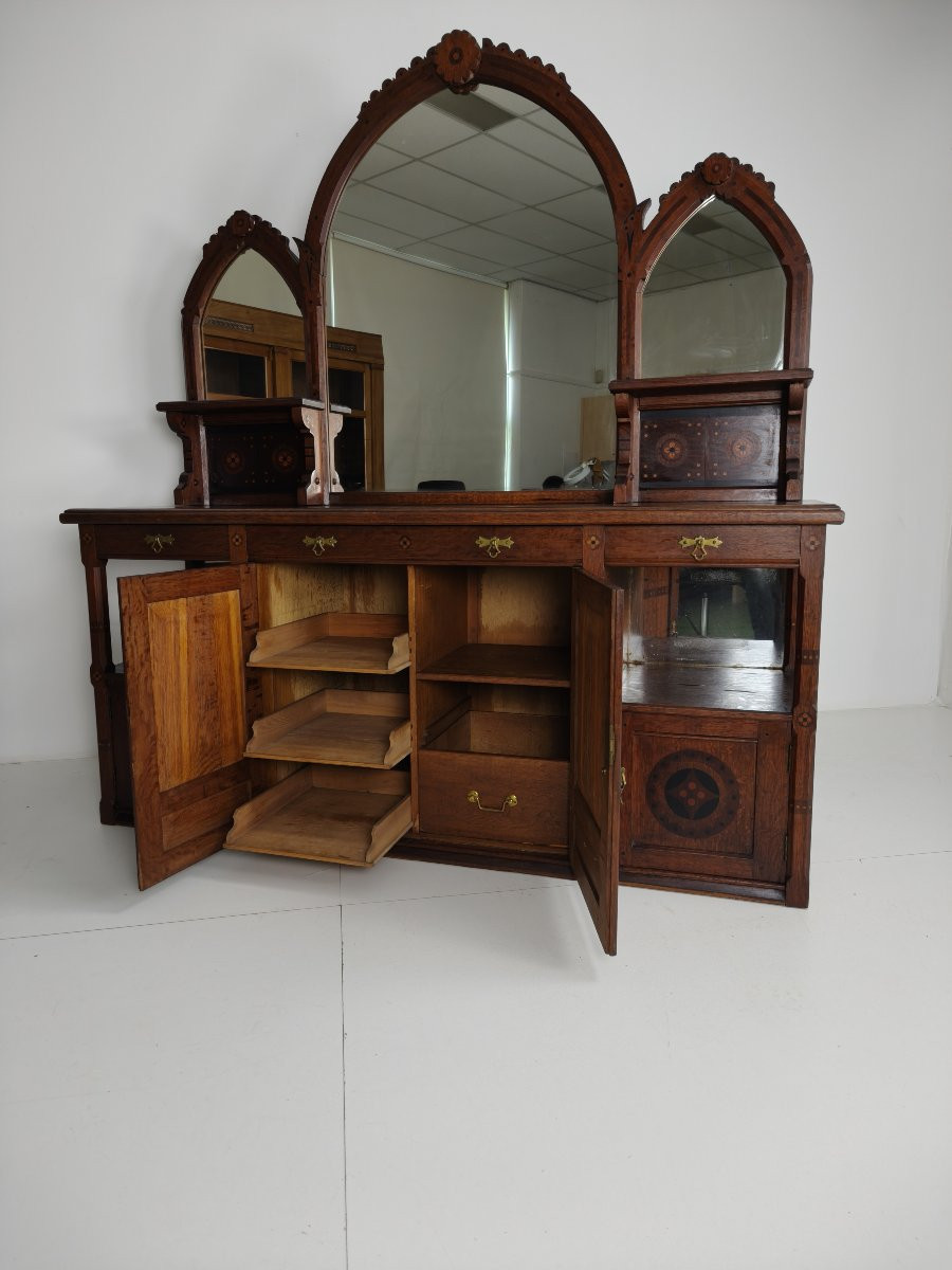 Rare 19th-century English Arts & Crafts Oak Sideboard, Signed Pratt & Prince, Decorated With Inlaid Wood.-photo-5
