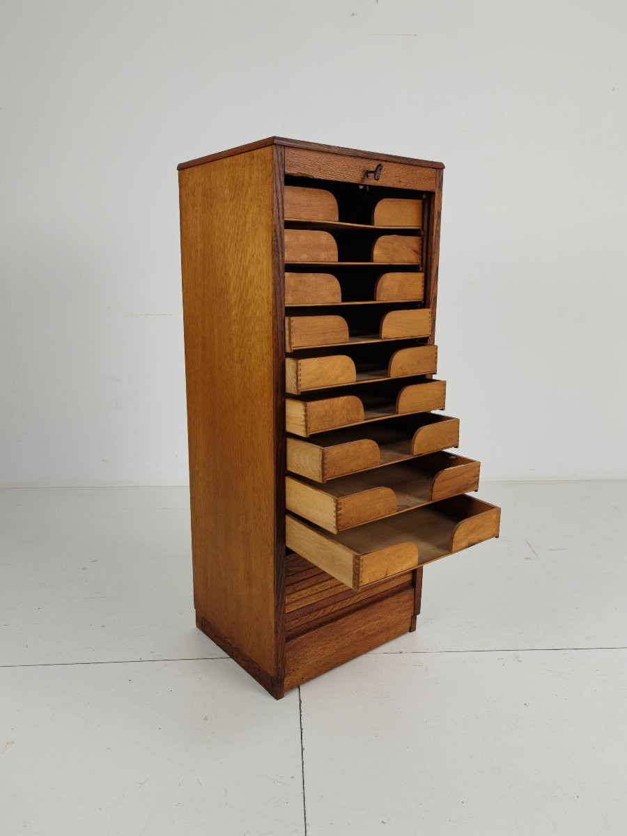 Armoire à archives en chêne hollandais, style tambour, années 1920-1930-photo-4