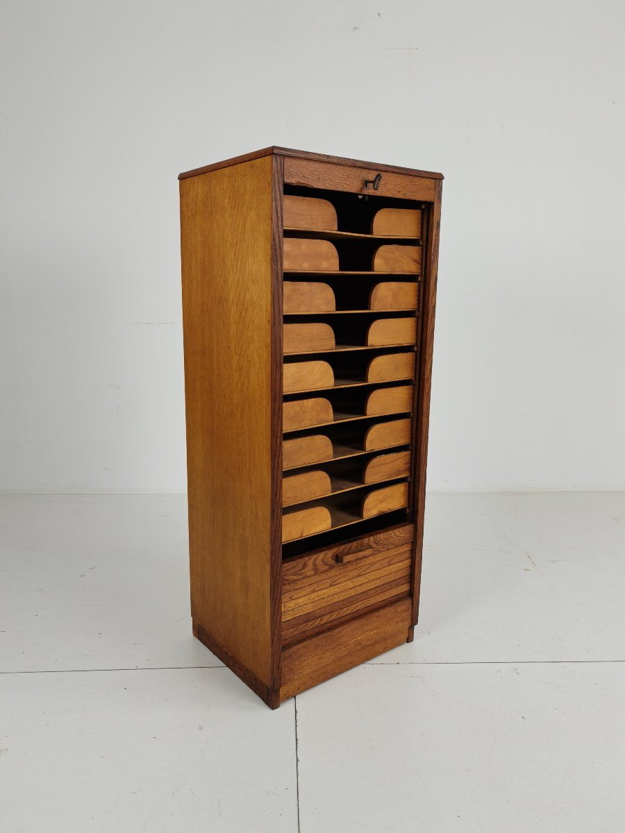 Armoire à archives en chêne hollandais, style tambour, années 1920-1930-photo-4