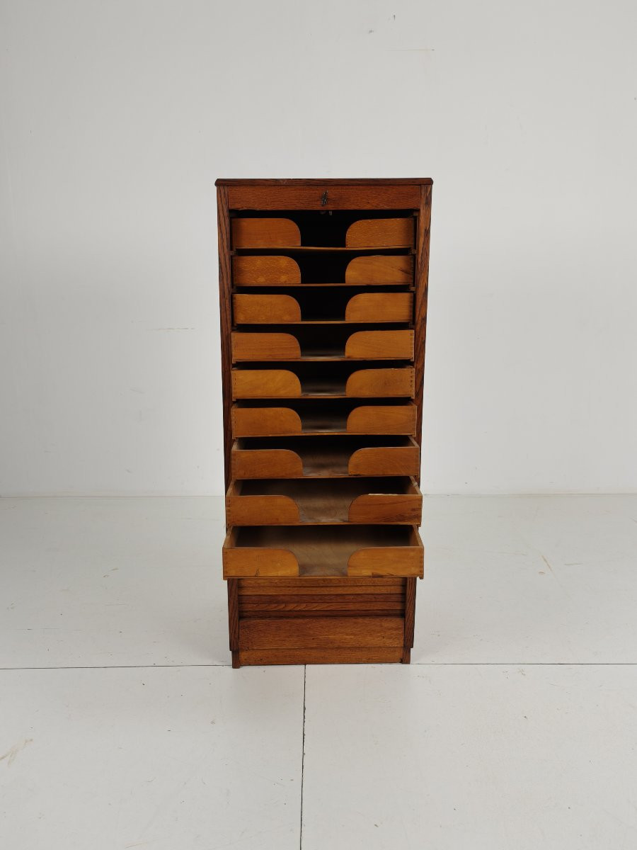 Armoire à archives en chêne hollandais, style tambour, années 1920-1930-photo-6
