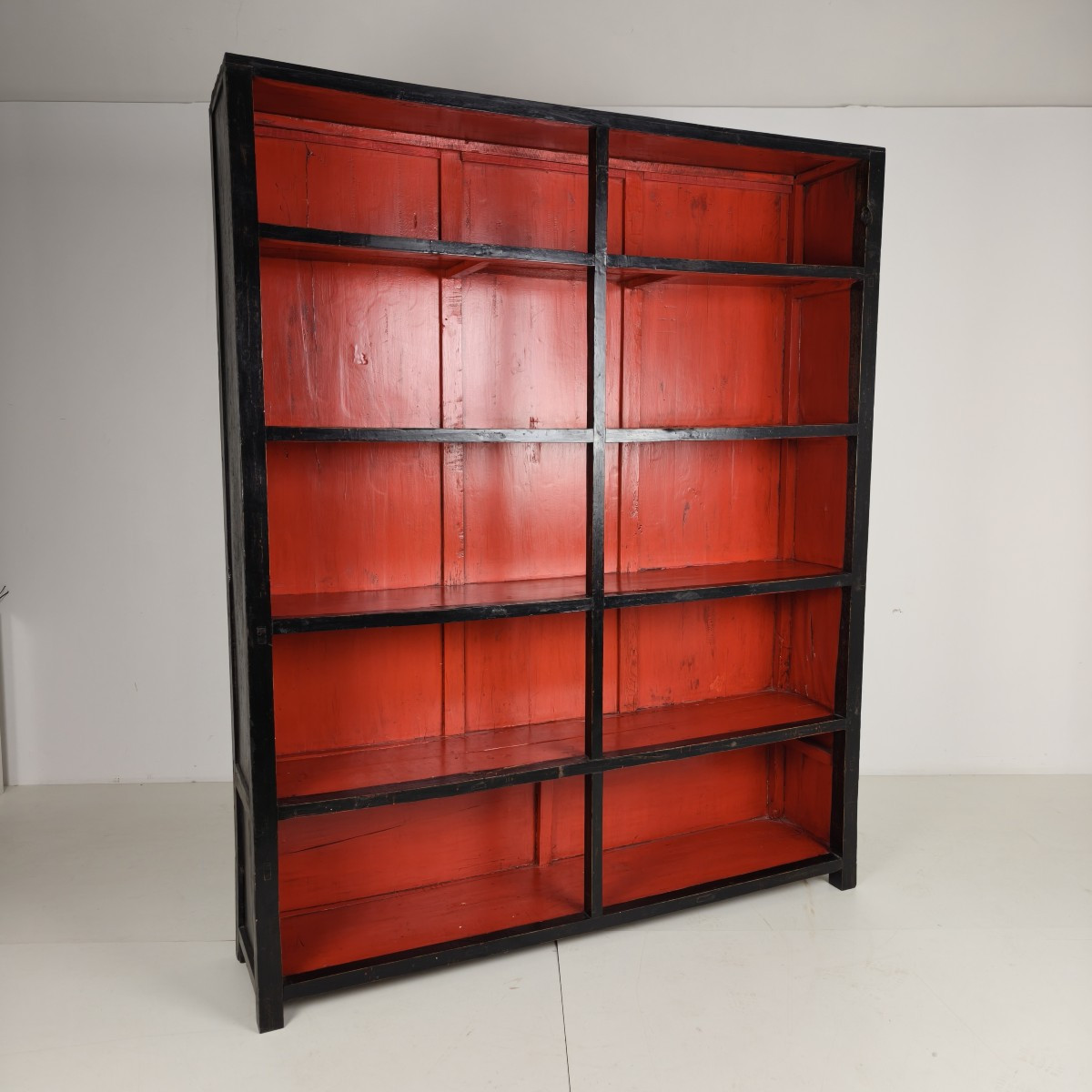 Large Antique Chinese Open Bookcase With Red Lacquered Interior