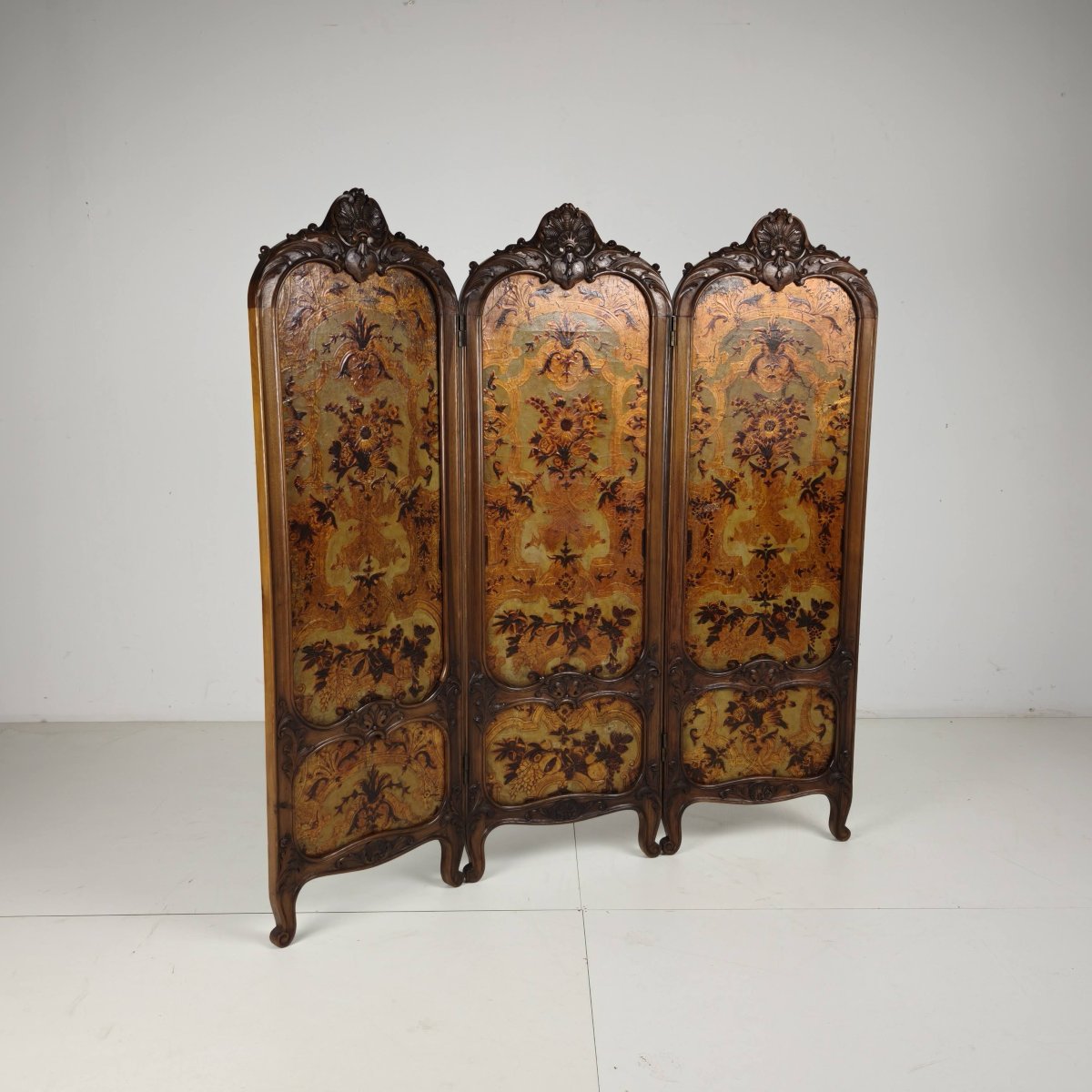 Richly Carved Gilded Leather Screen, Circa 1860