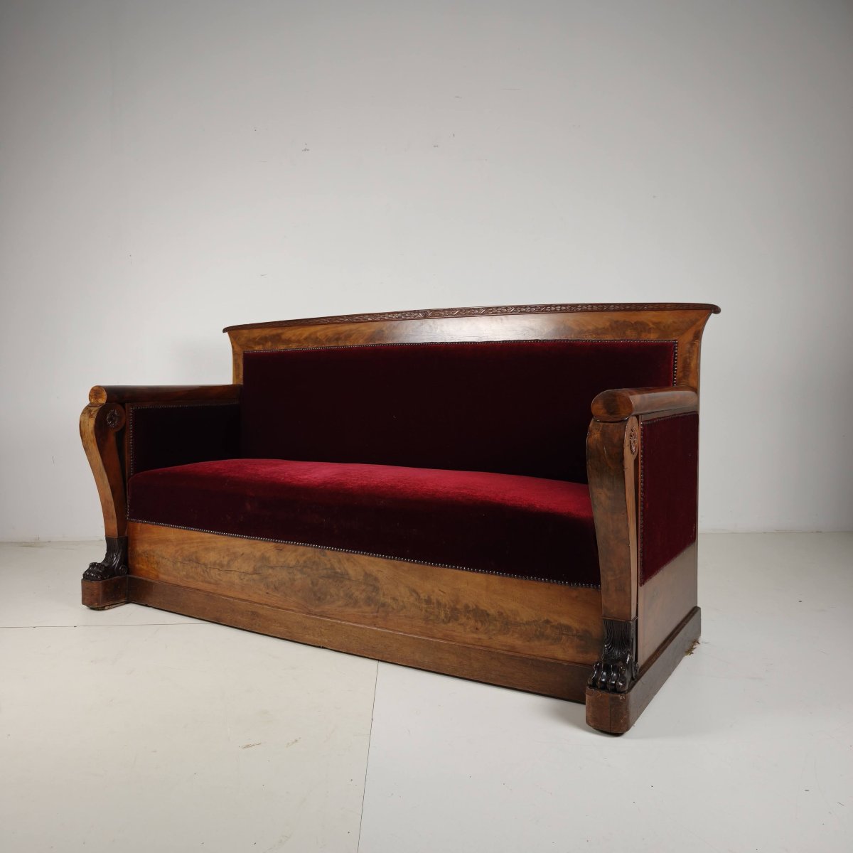 Empire-style Sofa In Walnut And Red Fabric, Early 19th Century-photo-2