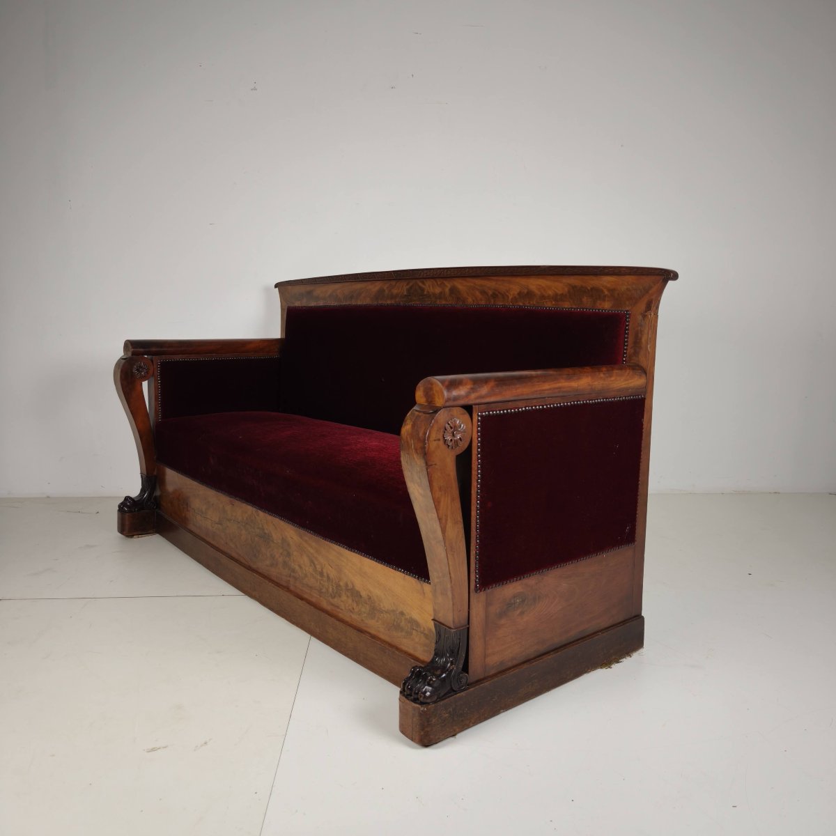 Empire-style Sofa In Walnut And Red Fabric, Early 19th Century-photo-3