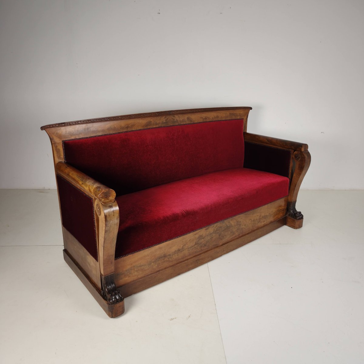 Empire-style Sofa In Walnut And Red Fabric, Early 19th Century-photo-4