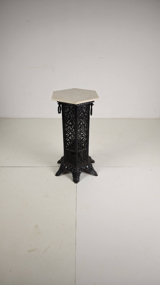 Table d'appoint en fonte de style orientaliste avec plateau en marbre, fin du XIXe siècle-photo-3