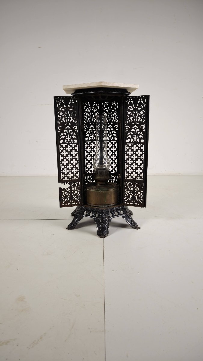 Table d'appoint en fonte de style orientaliste avec plateau en marbre, fin du XIXe siècle-photo-4