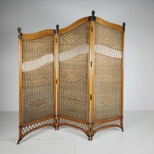 Three-panel Rattan Screen From The 1970s With Wicker Panels