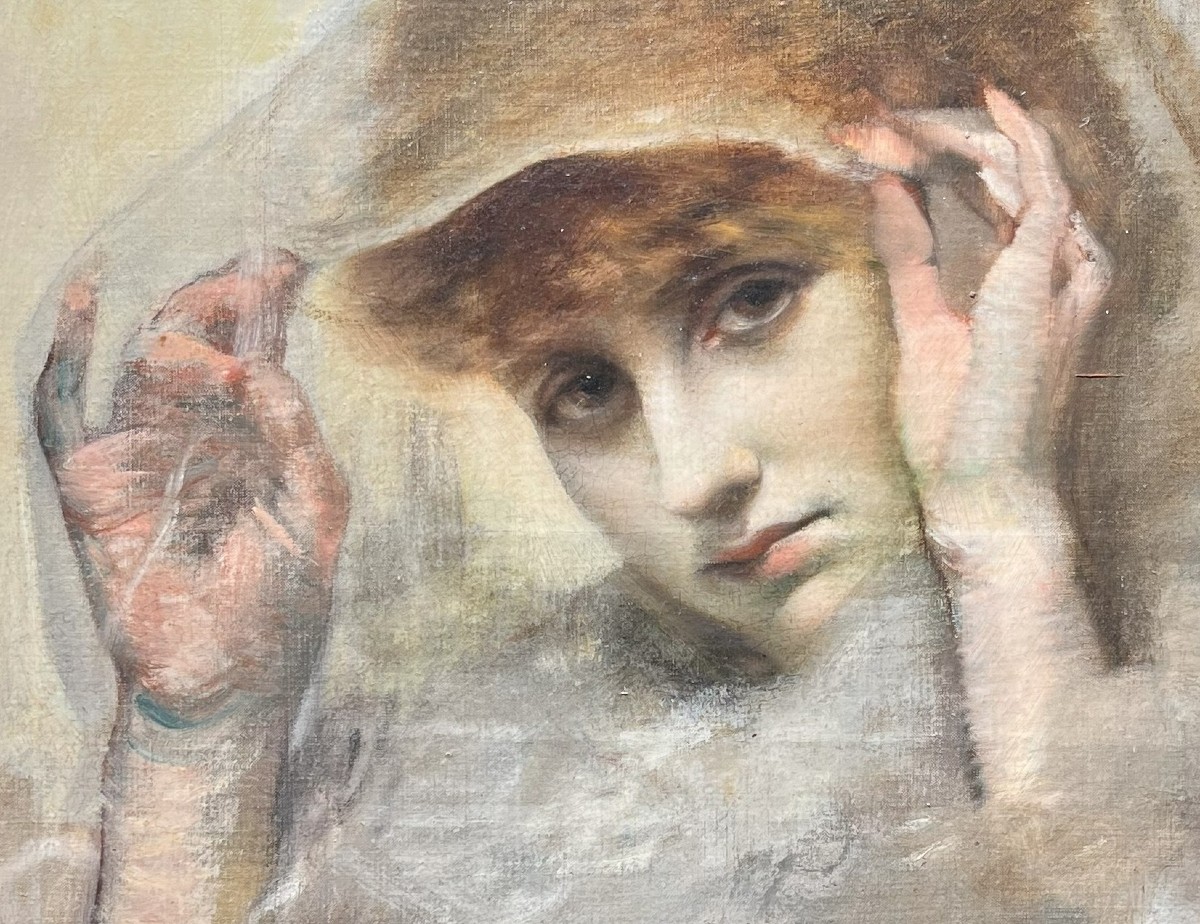 Portrait Of A Young Girl, Oil On Canvas, 54 X 45 Cm, Black And Gold Frame-photo-2