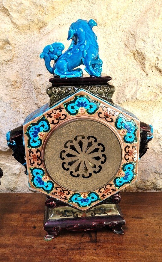Jules Vieillard Bordeaux: Japanese Clock And Cassolettes, Caranza Enamels 19th Century-photo-1