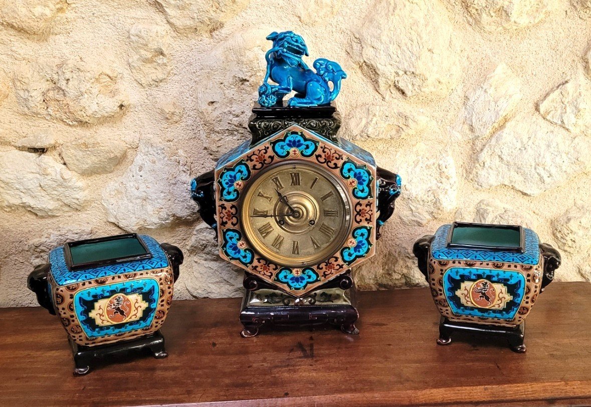 Jules Vieillard Bordeaux: Japanese Clock And Cassolettes, Caranza Enamels 19th Century