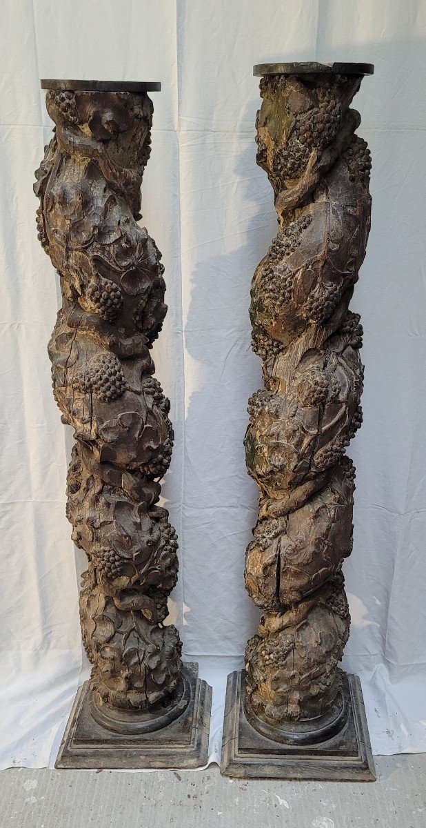 Pair Of Polychrome Altarpiece Columns, 17th Century-photo-6