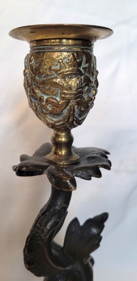 Pair Of Candlesticks With Dolphins, Gilt Bronze, 19th Century-photo-1