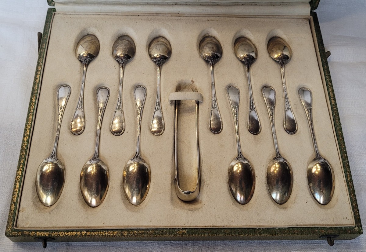 Set Of 12 Solid Silver Teaspoons, 19th Century