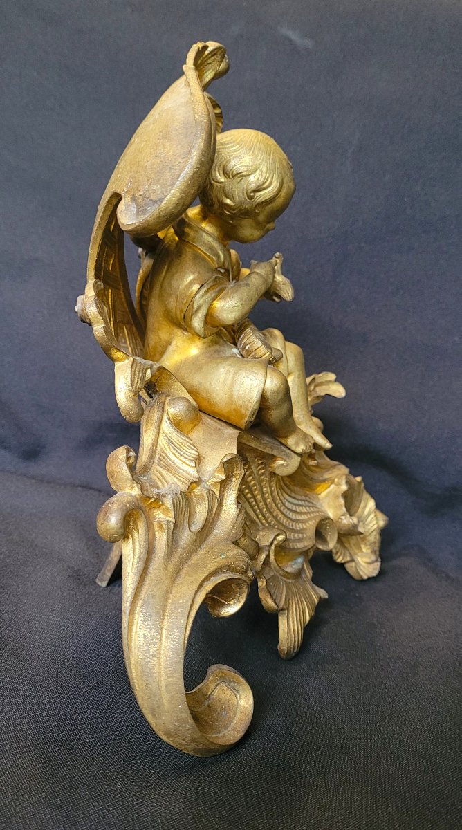 Paire de chenets aux putti, bronze doré XIX ème-photo-4