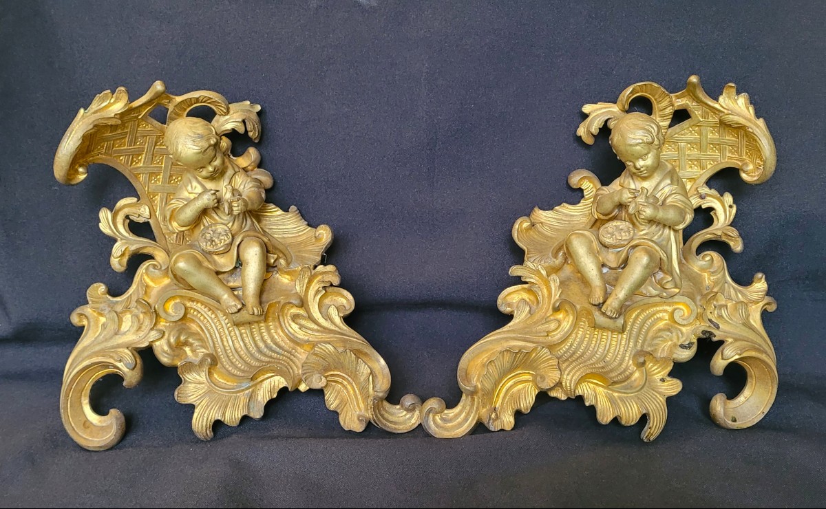 Paire de chenets aux putti, bronze doré XIX ème