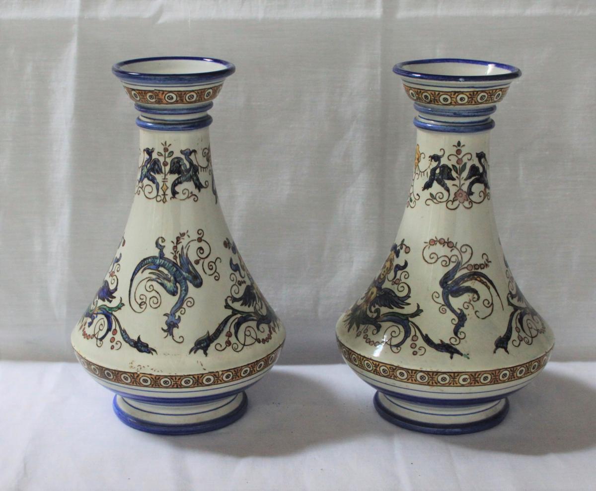 Pair Of Gien Vases, Renaissance Decor 1860