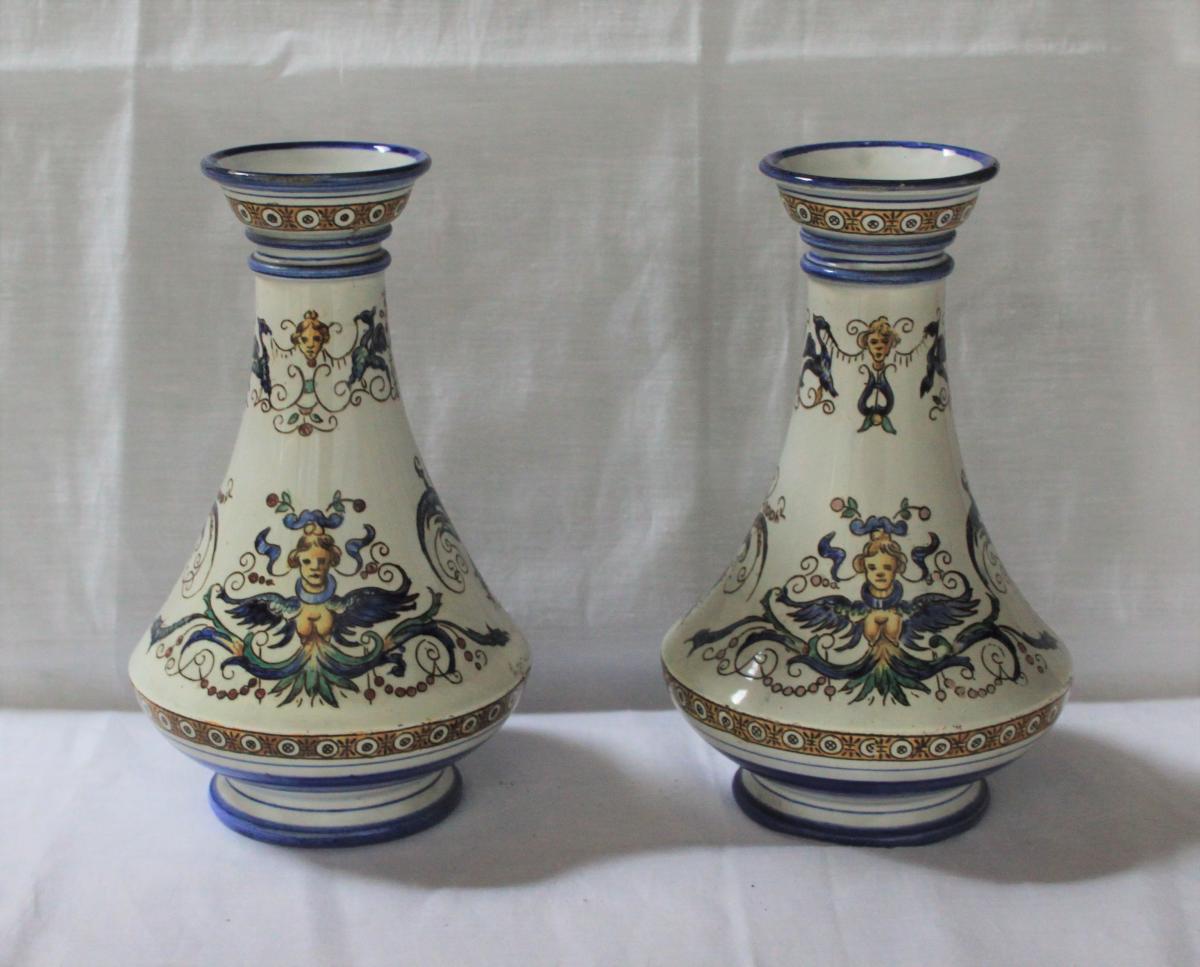 Pair Of Gien Vases, Renaissance Decor 1860-photo-2